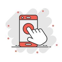 hand- tintje smartphone icoon in grappig stijl. telefoon vinger vector tekenfilm illustratie Aan wit geïsoleerd achtergrond. cursor touch screen bedrijf concept plons effect.