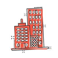 gebouw icoon in grappig stijl. stad- wolkenkrabber appartement tekenfilm vector illustratie Aan wit geïsoleerd achtergrond. stad toren plons effect bedrijf concept.