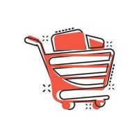 boodschappen doen kar icoon in grappig stijl. trolley tekenfilm vector illustratie Aan wit geïsoleerd achtergrond. mand plons effect bedrijf concept.