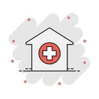 vector tekenfilm ziekenhuis gebouw icoon in grappig stijl. ziekenboeg medisch kliniek teken illustratie pictogram. Gezondheid bedrijf plons effect concept.