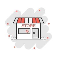 vector tekenfilm op te slaan huis icoon in grappig stijl. winkel teken illustratie pictogram. op te slaan markt bedrijf plons effect concept.