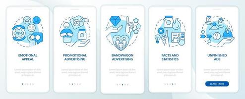 reclame strategieën in afzet blauw onboarding mobiel app scherm. walkthrough 5 stappen bewerkbare grafisch instructies met lineair concepten. ui, ux, gui sjabloon vector