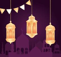 eid al adha mubarak-viering met hangende lantaarns vector