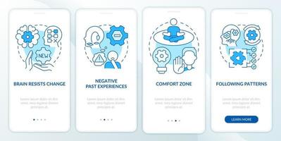 waarom wij weerstand bieden verandering blauw onboarding mobiel app scherm. onbuigzaamheid walkthrough 4 stappen bewerkbare grafisch instructies met lineair concepten. ui, ux, gui sjabloon vector