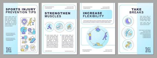 sport- letsel vermijden tips brochure sjabloon. verminderen atleet risico's. brochure ontwerp met lineair pictogrammen. bewerkbare 4 vector indelingen voor presentatie, jaar- rapporten