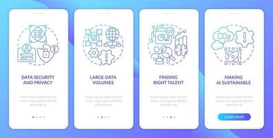 gegevens wetenschap uitdagingen blauw helling onboarding mobiel app scherm. ontwikkeling walkthrough 4 stappen grafisch instructies met lineair concepten. ui, ux, gui sjabloon vector