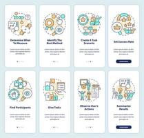 bruikbaarheid testen plan onboarding mobiel app scherm set. ux werkwijze walkthrough 4 stappen bewerkbare grafisch instructies met lineair concepten. ui, ux, gui sjabloon vector