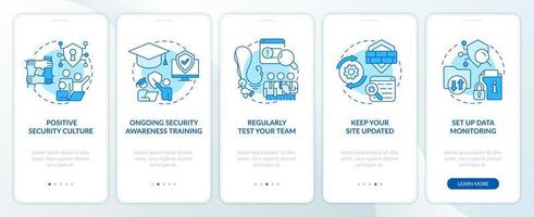 bedrijf cyberveiligheid tips blauw onboarding mobiel app scherm. veiligheid walkthrough 5 stappen bewerkbare grafisch instructies met lineair concepten. ui, ux, gui sjabloon vector