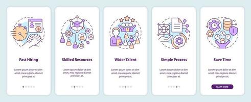het personeel onderhoud voordelen onboarding mobiel app scherm. walkthrough 5 stappen bewerkbare grafisch instructies met lineair concepten. ui, ux, gui sjabloon vector