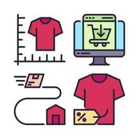 ecommerce pictogrammen set. grootte gids, monitor, levering volgen, t-shirt korting. perfect voor website mobiel app, app pictogrammen, presentatie, illustratie en ieder andere projecten vector