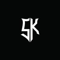 SK monogram brief logo lint met schild stijl geïsoleerd op zwarte achtergrond vector