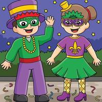 mardi gras nar jongen en meisje gekleurde tekenfilm vector