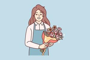 portret van glimlachen vrouw bloemist in schort Holding mooi bloemen boeket. gelukkig vrouw met bloemen in handen werken in botanisch winkel. vector illustratie.