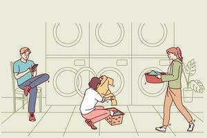 mensen het wassen kleren in openbaar de was. mannen en Dames schoon kleding in wasserette. vector illustratie.