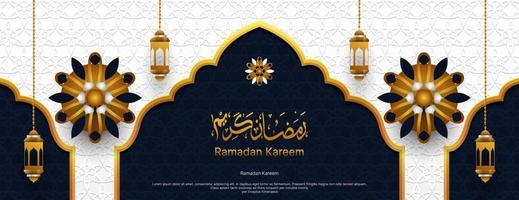 Ramadan kareem banier ontwerp met Arabisch schoonschrift in donker blauw, wit en goud kleur. Islamitisch achtergrond vector