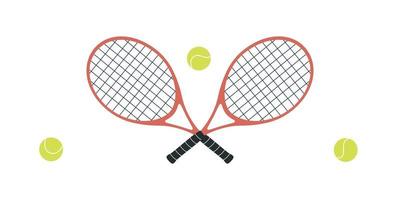 vlak vector illustratie in kinderachtig stijl. hand- getrokken tennis rackets en ballen.