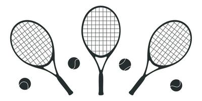 vlak vector illustratie in kinderachtig stijl. hand- getrokken tennis rackets en ballen.