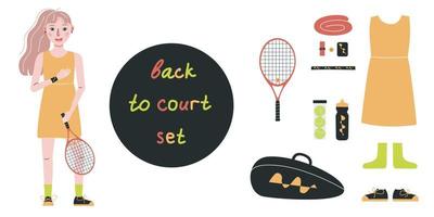 vlak vector illustratie in kinderachtig stijl. hand- getrokken tennis speler, uitrusting en apparatuur.