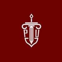 pu eerste logo monogram ontwerp voor wettelijk advocaat vector beeld met zwaard en schild