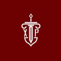 xp eerste logo monogram ontwerp voor wettelijk advocaat vector beeld met zwaard en schild