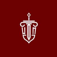 wm eerste logo monogram ontwerp voor wettelijk advocaat vector beeld met zwaard en schild