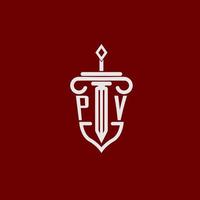pv eerste logo monogram ontwerp voor wettelijk advocaat vector beeld met zwaard en schild