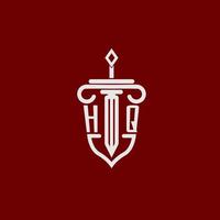 hq eerste logo monogram ontwerp voor wettelijk advocaat vector beeld met zwaard en schild