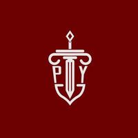py eerste logo monogram ontwerp voor wettelijk advocaat vector beeld met zwaard en schild