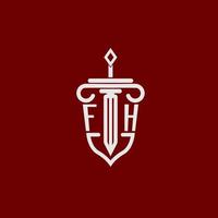 fh eerste logo monogram ontwerp voor wettelijk advocaat vector beeld met zwaard en schild