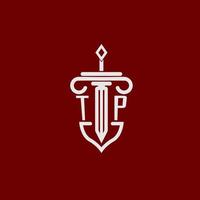 tp eerste logo monogram ontwerp voor wettelijk advocaat vector beeld met zwaard en schild