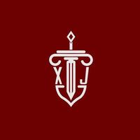 xj eerste logo monogram ontwerp voor wettelijk advocaat vector beeld met zwaard en schild