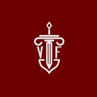 vf eerste logo monogram ontwerp voor wettelijk advocaat vector beeld met zwaard en schild