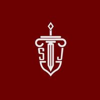 sj eerste logo monogram ontwerp voor wettelijk advocaat vector beeld met zwaard en schild