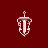 sz eerste logo monogram ontwerp voor wettelijk advocaat vector beeld met zwaard en schild
