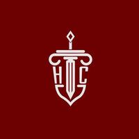 hc eerste logo monogram ontwerp voor wettelijk advocaat vector beeld met zwaard en schild
