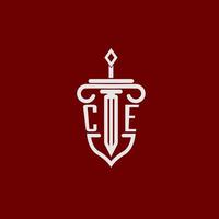 ce eerste logo monogram ontwerp voor wettelijk advocaat vector beeld met zwaard en schild