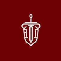 rn eerste logo monogram ontwerp voor wettelijk advocaat vector beeld met zwaard en schild