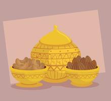 eid al adha-vieringskaart met gouden kommen en voedsel vector