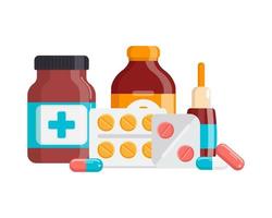 geneeskunde fles met pillen. blaren met capsules en tabletten, fles met vloeistof. vlak vector illustratie.