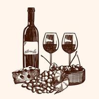 hand- getrokken illustratie met druiven, twee bril, hoofd van kaas en fles van wijn in schetsen stijl. vector