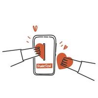 hand- getrokken tekening persoon schenken hart Aan mobiel telefoon illustratie vector