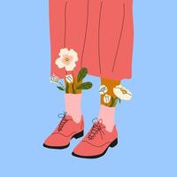 vrouw poten in de laarzen. koel schoenen met bloemen. hoog sokken . hand- getrokken vector gekleurde modieus mode illustratie. vlak ontwerp