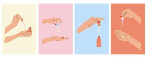 reeks van vrouw handen houdt pipet voor huidsverzorging met olie serum fles, room. hand- trek vector illustratie