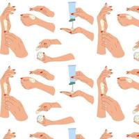 naadloos patroon met vrouw handen met room. vrouw toepassen behandeling lotion. hand- getrokken vector illustratie