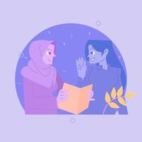 een vlak vector illustratie van twee Dames in discussie voor Internationale vrouwen dag