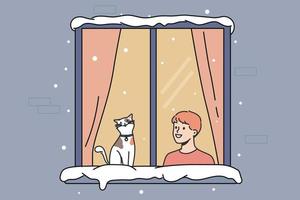 glimlachen weinig jongen kind en kat zitten in venster kijken Bij straat in winter. gelukkig kind met huiselijk huisdier binnenshuis in knus huis. vector illustratie.