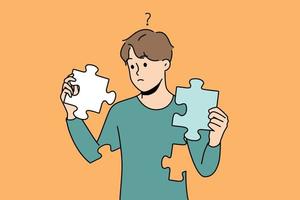 gefrustreerd jong Mens met decoupeerzaag puzzels in handen herbouwen persoonlijkheid. concept van mentaal en psychologisch wanorde. psychologie behandeling en herstel. vector illustratie.