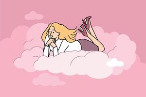 glimlachen jong vrouw aan het liegen Aan wolk dromen of visualiseren. gelukkig vrouw omhoog in lucht dagdromen of verbeelden toekomst. dromer levensstijl. vector illustratie.