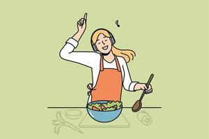 glimlachen jong vrouw hebben pret Koken in keuken luisteren naar muziek- in oortelefoons. gelukkig vrouw slijtage draadloze hoofdtelefoons voorbereidingen treffen gezond salade Bij huis. vector illustratie.