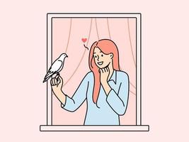 glimlachen vrouw in huis venster Holding duif in handen. meisje in liefde Bezig met verzenden liefde brief met vogel. vector illustratie.